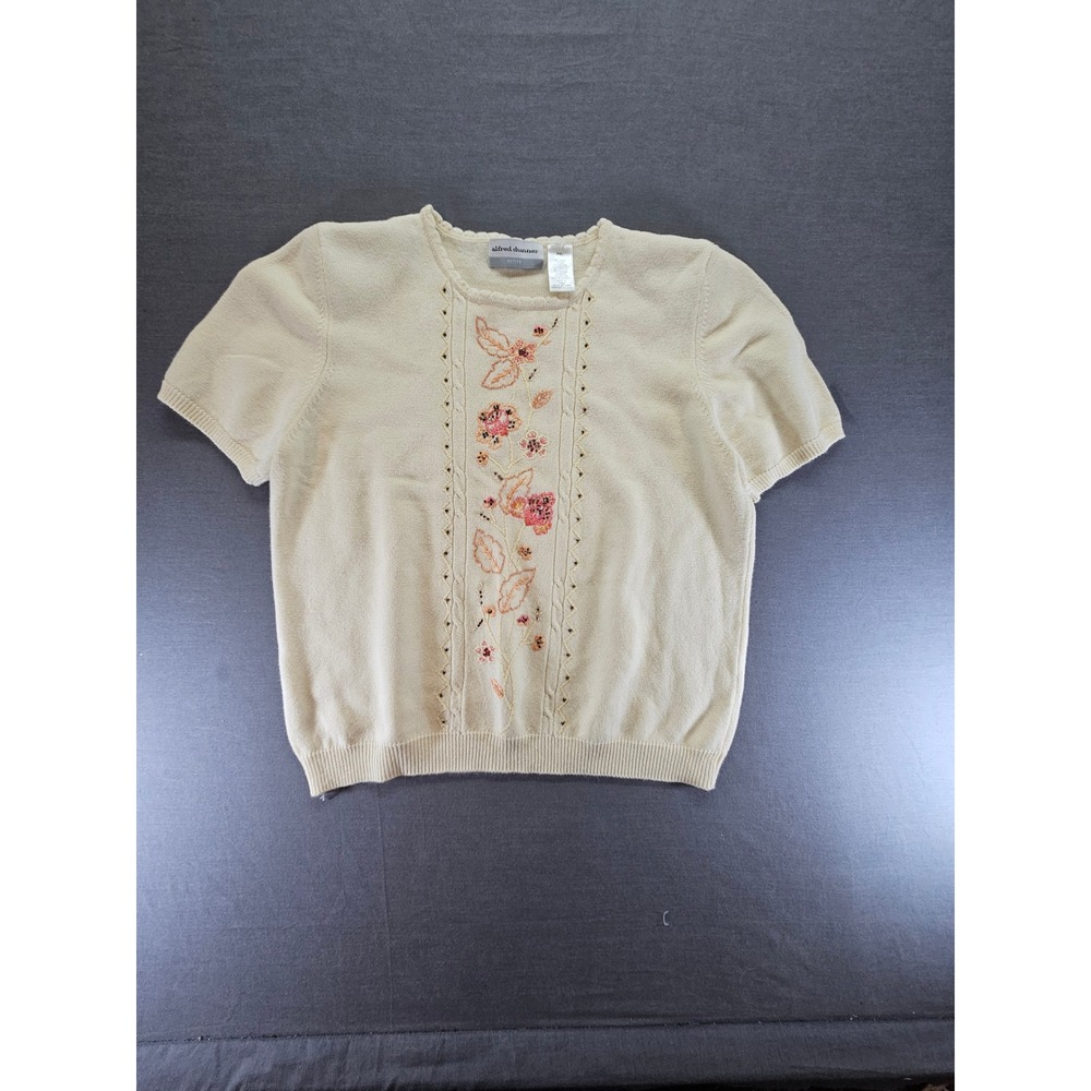 Alfred Dunner Petite Cream Embroidered Floral Beaded Short Sleeve Sweater PXL